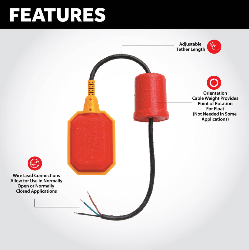 Float Switch for Sump Pump - Water Level Sensor with Honeywell Microswitch and Adjustable Tether Length for Ground Water Bilge Pump and Water Tank – Non-Corrosive PP Casing, Rated to 13 Amps